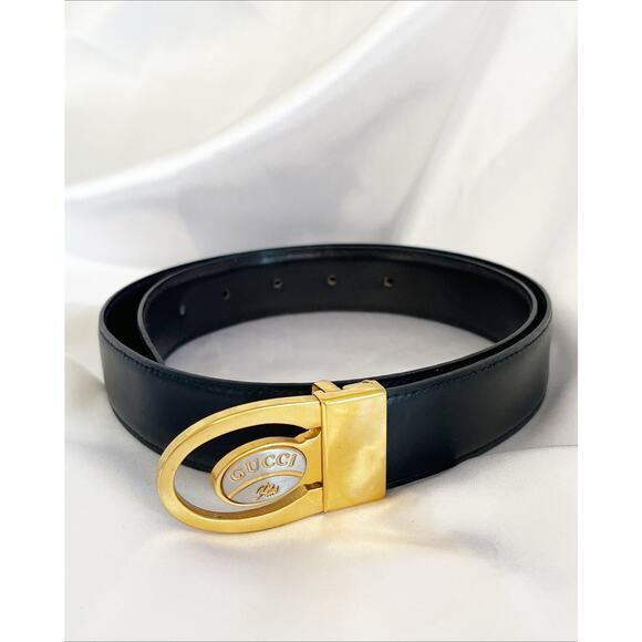 GUCCI Leather Belt Key Chain Vintage Logo Plate Silver Gold Unisex 36\